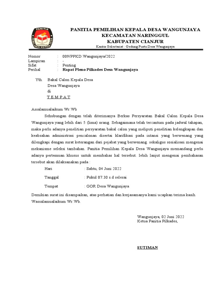 009 Surat Undangan Rapat Pleno | PDF