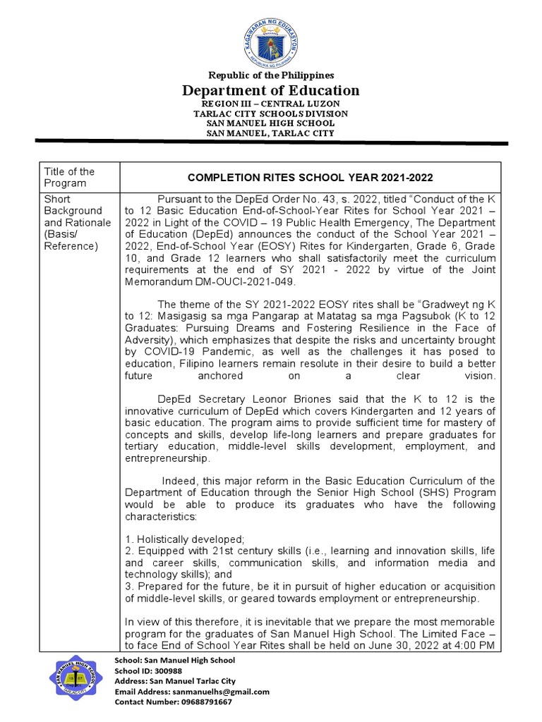 Completion Rites Proposal 2021 2022 | PDF | Teachers