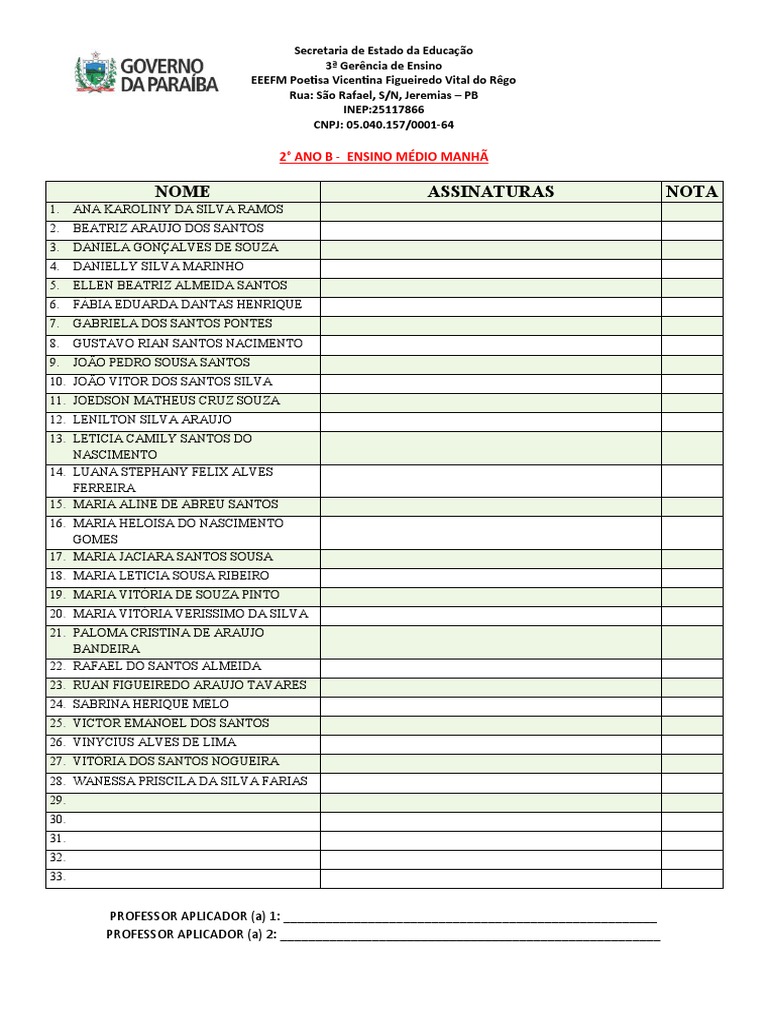 Lista de Alunos 2º Ano B - Ensino Médio | PDF