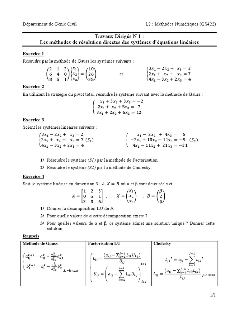 TD1 Méthode Numérique | PDF | Système d'équations linéaires | Objets ...