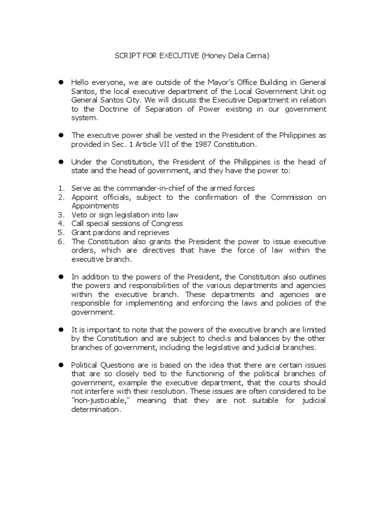 Script For Executive | PDF | American Government | Presidents Of The ...