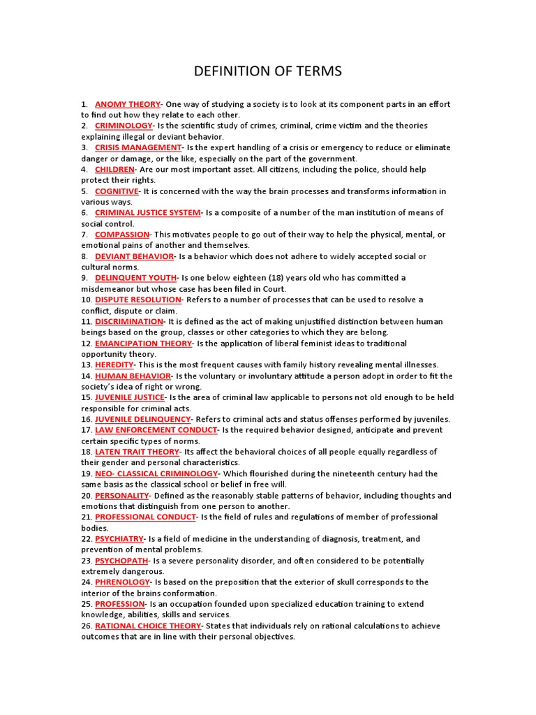 Definition of Terms PDF Criminology Juvenile Delinquency