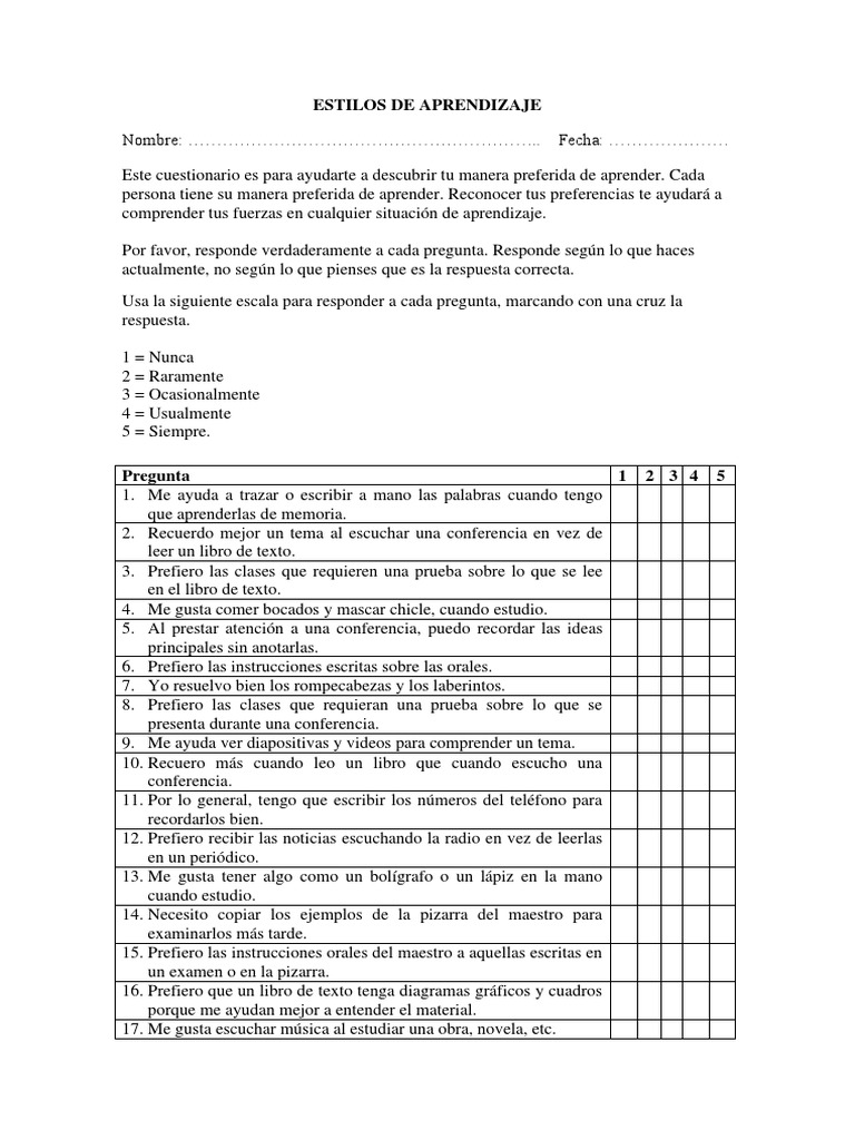 Cuestionario Estilos de Aprendizaje | PDF | Cognición