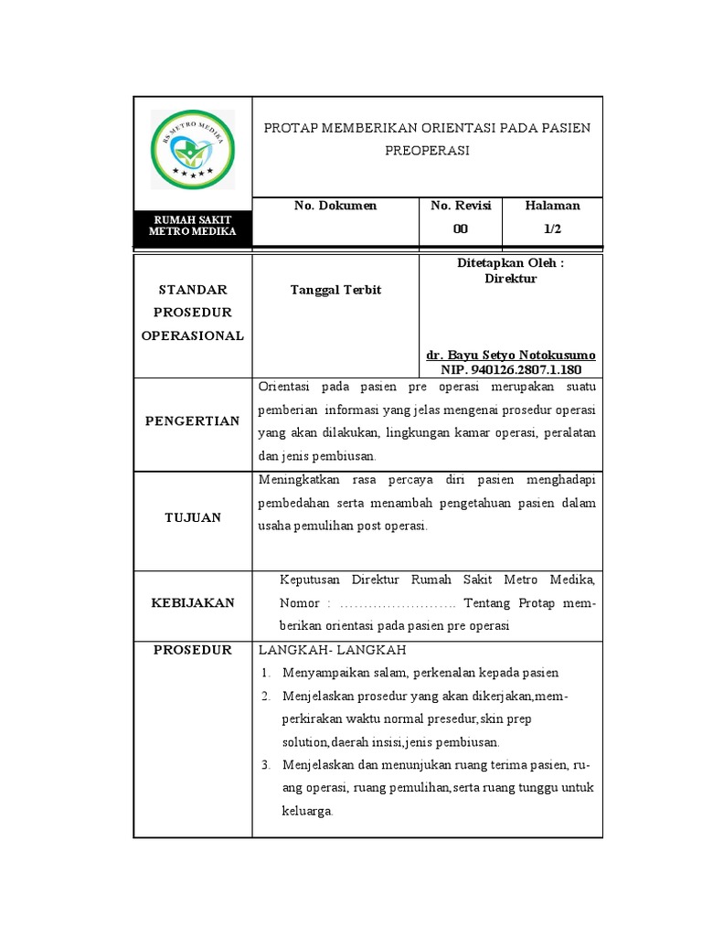 Protap Memberikan Orientasi Pada Pasien Preoperasi | PDF | Kesehatan ...