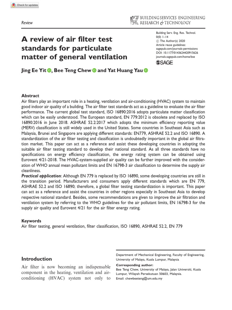 A Review Of Air Filter Test Pdf Aerosol Filtration