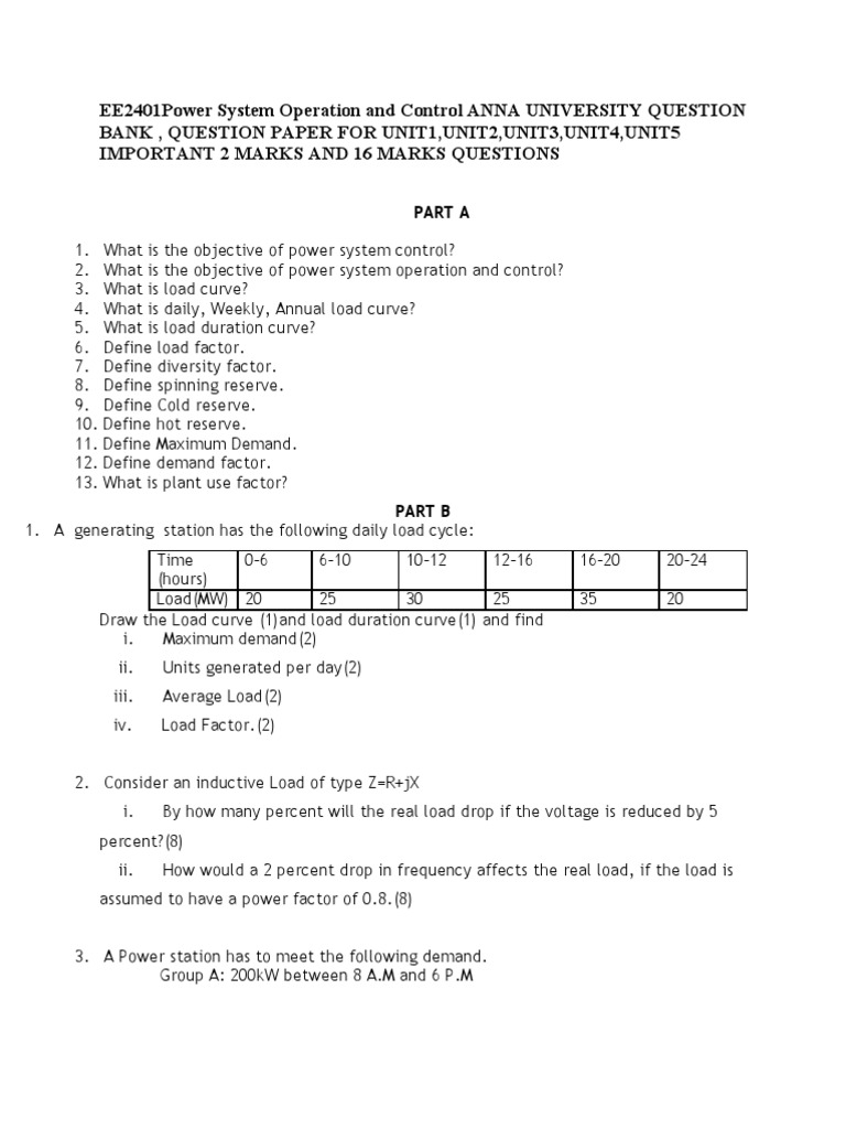 Power System Operation Questions Bank | PDF | Electric Power System ...
