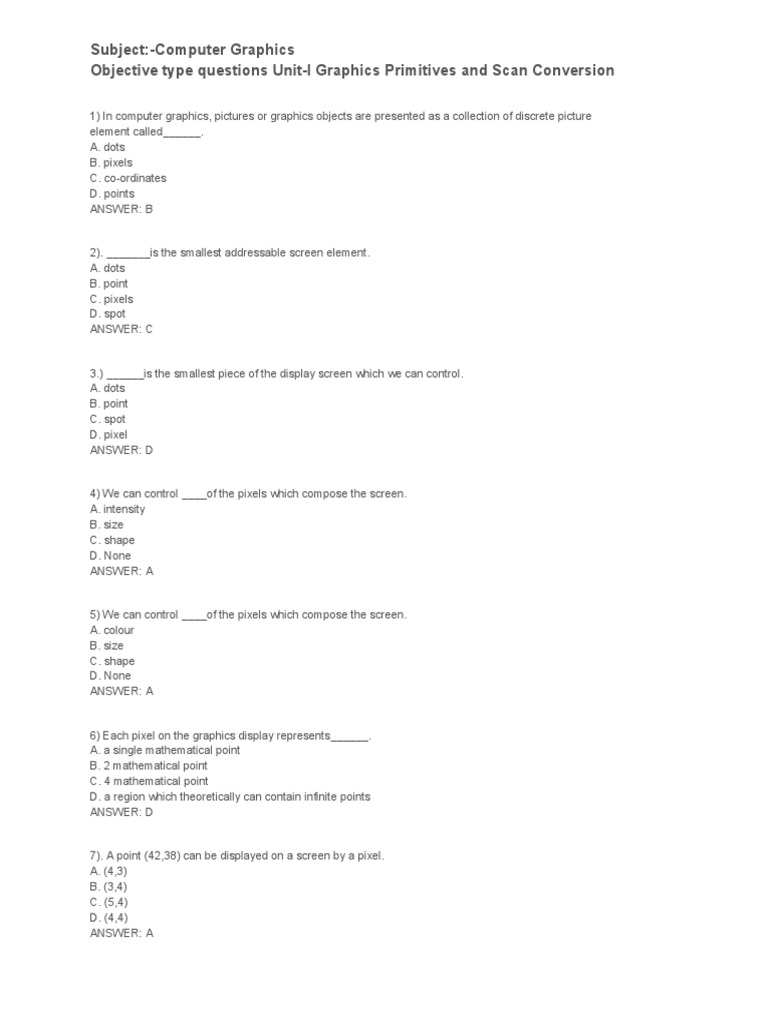 Computer Graphics All MCQ PDF Vertex (Geometry) Pixel