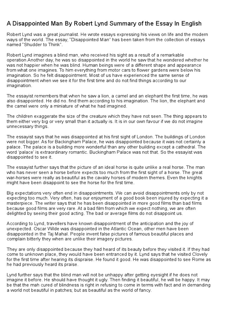 A Disappointed Man by Robert Lynd Summary of The Essay in English PDF