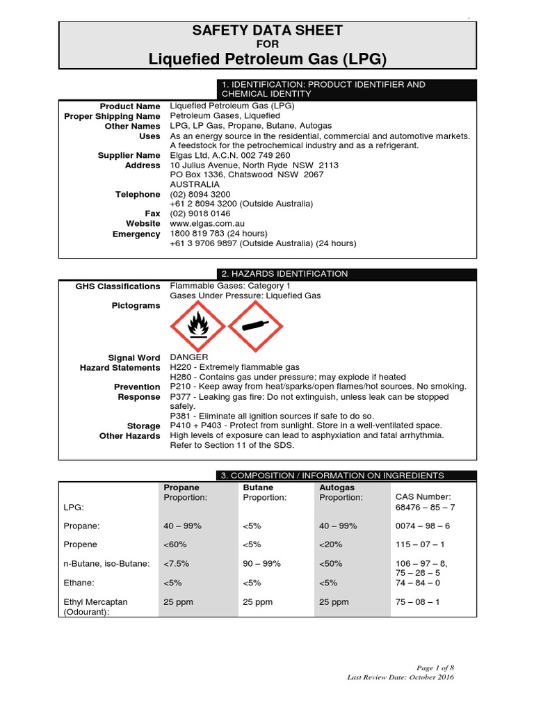 Liquefied Petroleum Gas (LPG) Safety Data Sheet PDF Liquefied