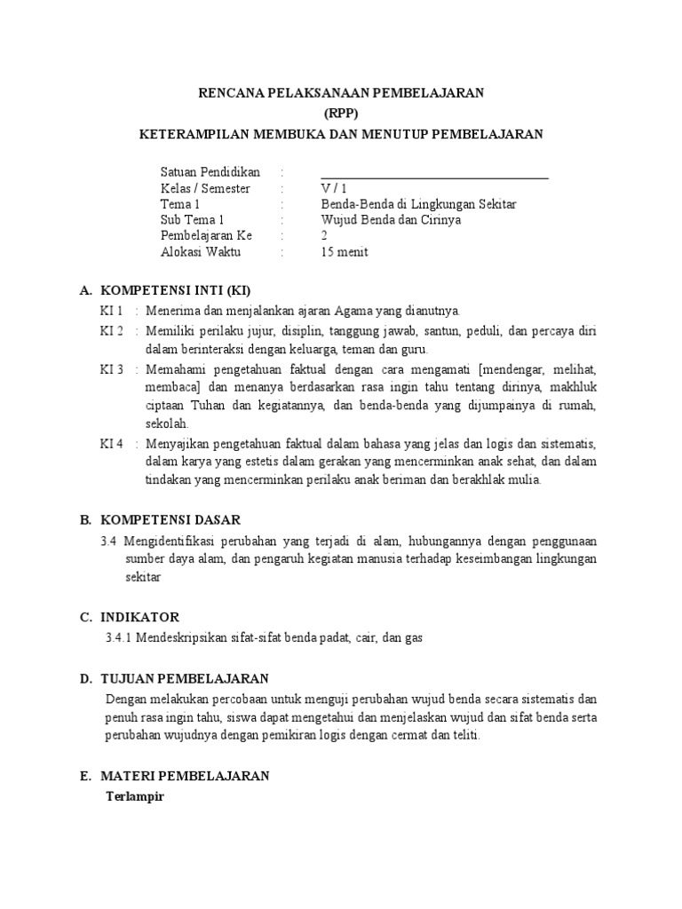 RPP Micro Teaching Kelas 5: Wujud Benda | PDF | Karier & Perkembangan ...