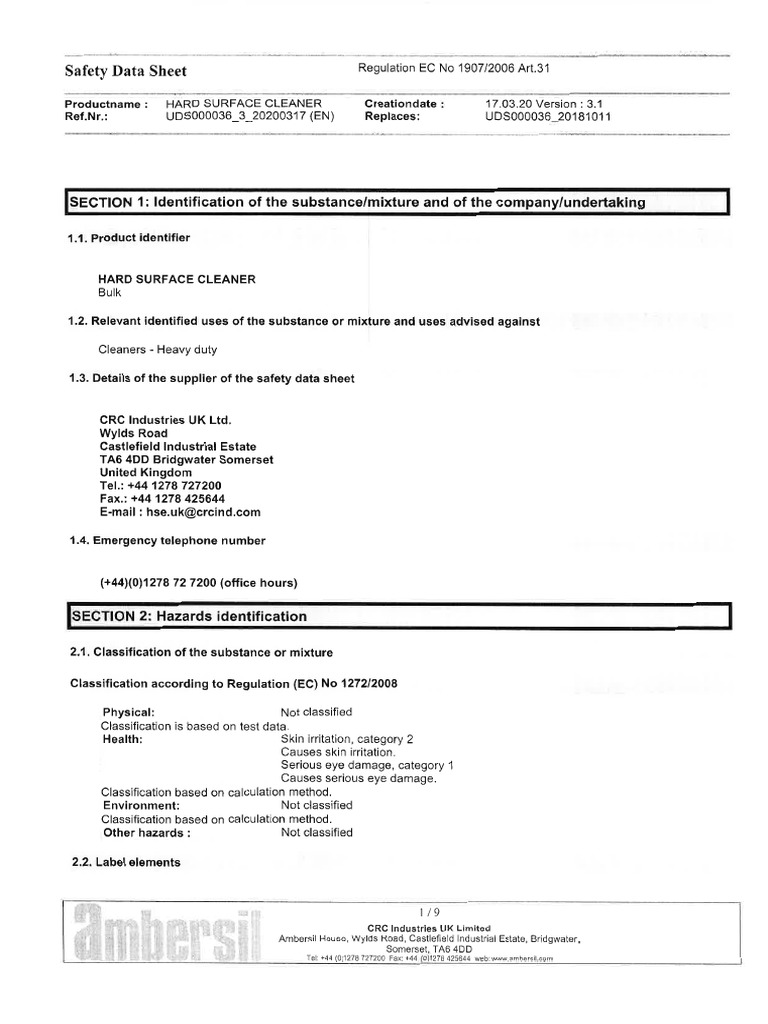 Safety Data Sheet SECTION 1 Identification of The Substance/mixture