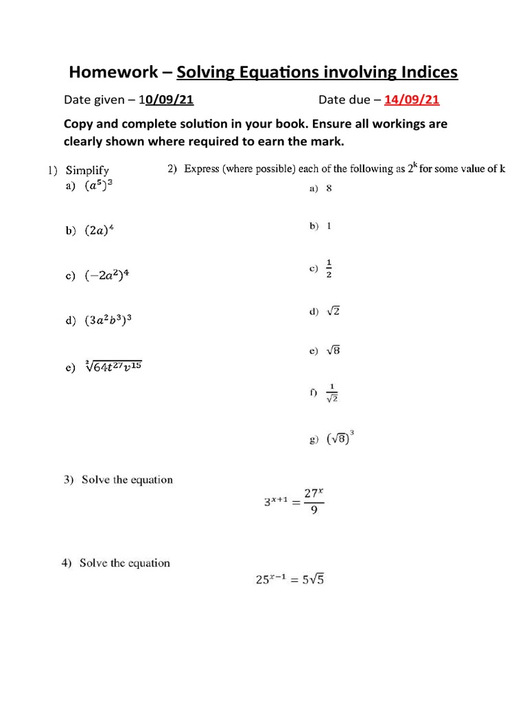 Homework Solving Equations Involving Indices PDF