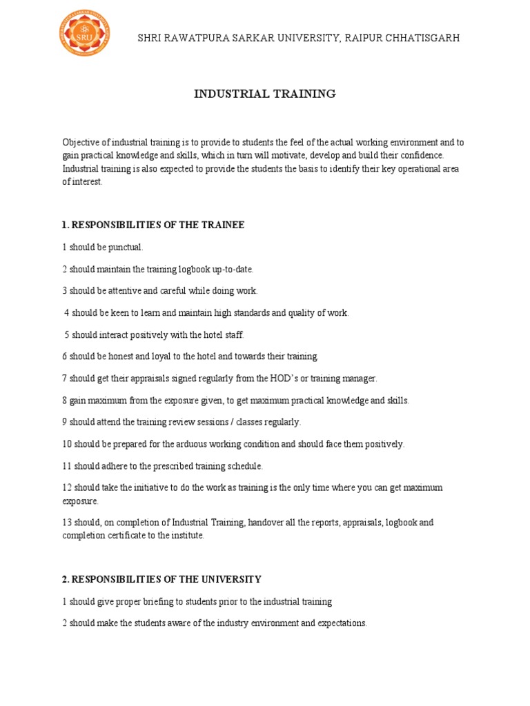 Industrial Training Guidelines at SRU Raipur | PDF | Reliability ...