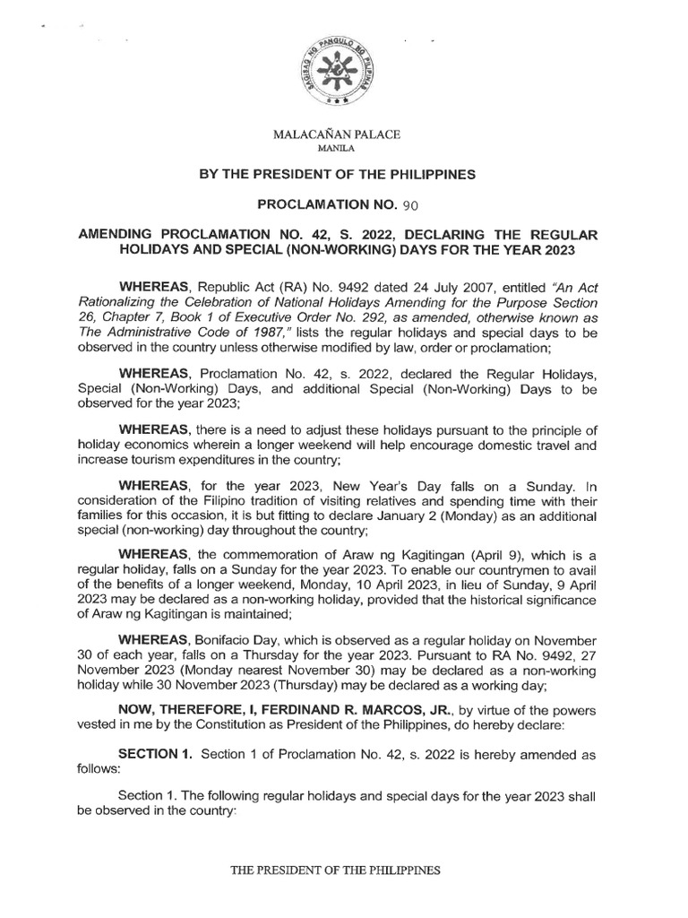 Proclamation No. 90 S 2022 Holidays 2023 | PDF