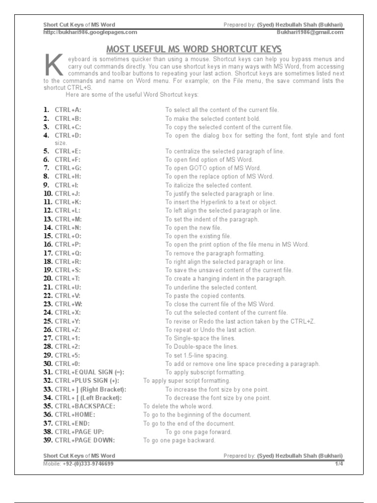 Ms Word Shortcut Keys PDF