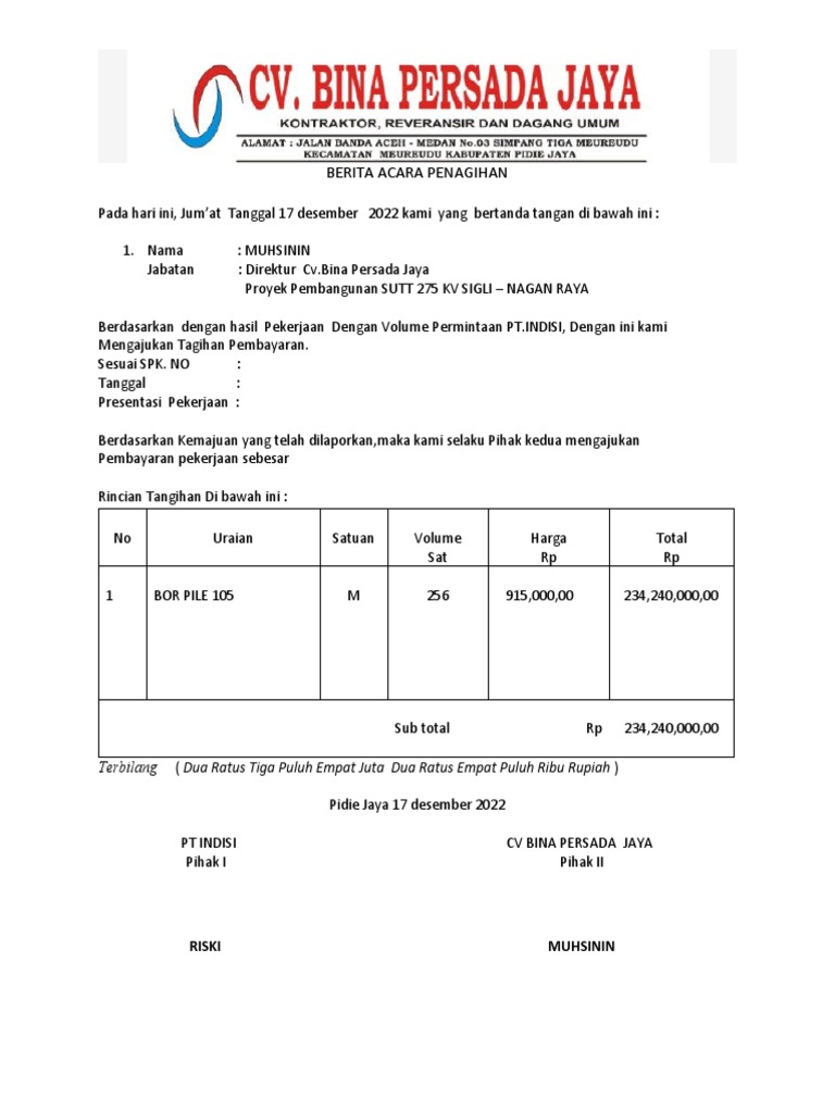Berita Acara Penagihan: Terbilang (Dua Ratus Tiga Puluh Empat Juta Dua ...