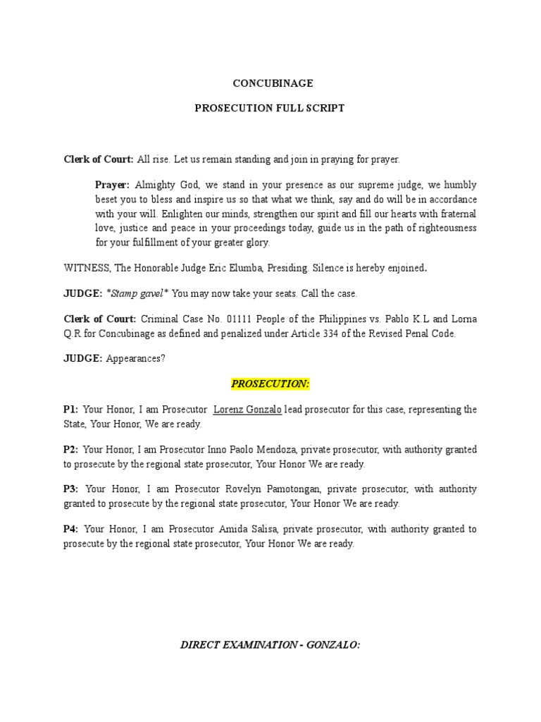 Concubinage Case Prosecution Script | PDF | Witness | Affidavit
