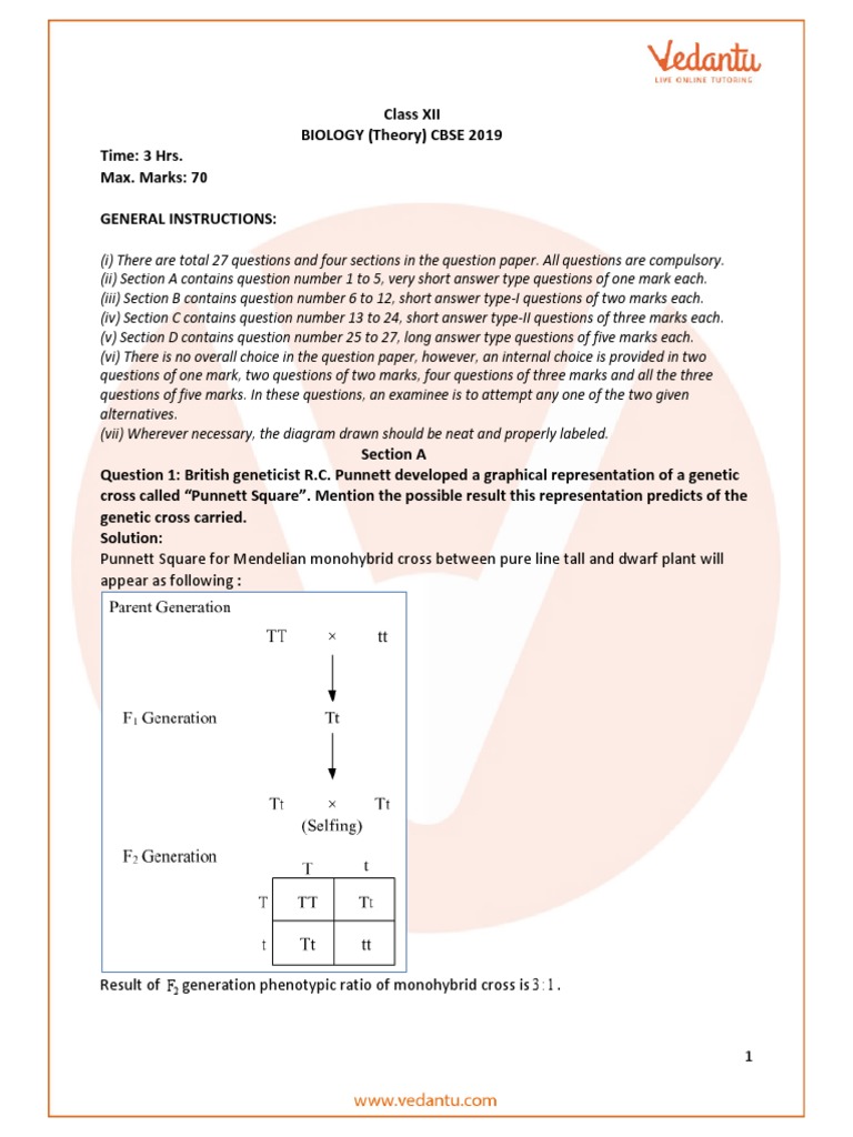 Previous Year Biology Question Paper For CBSE Class 12 - 2019 | PDF ...