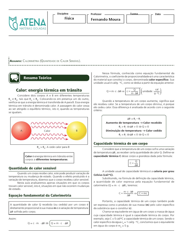 Aula - Calorimetria - Calor Sensível | PDF | Calorimetria | Calor