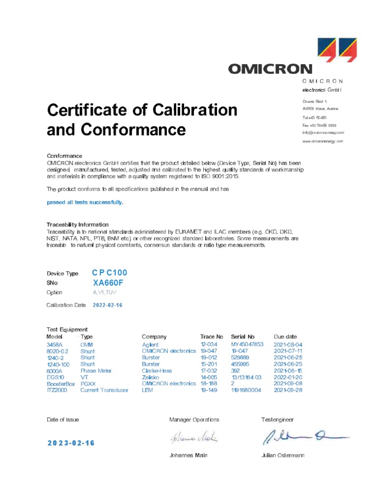Certificado de Calibracion CPC 100 Dyr Ingenieria | PDF | Calibration ...