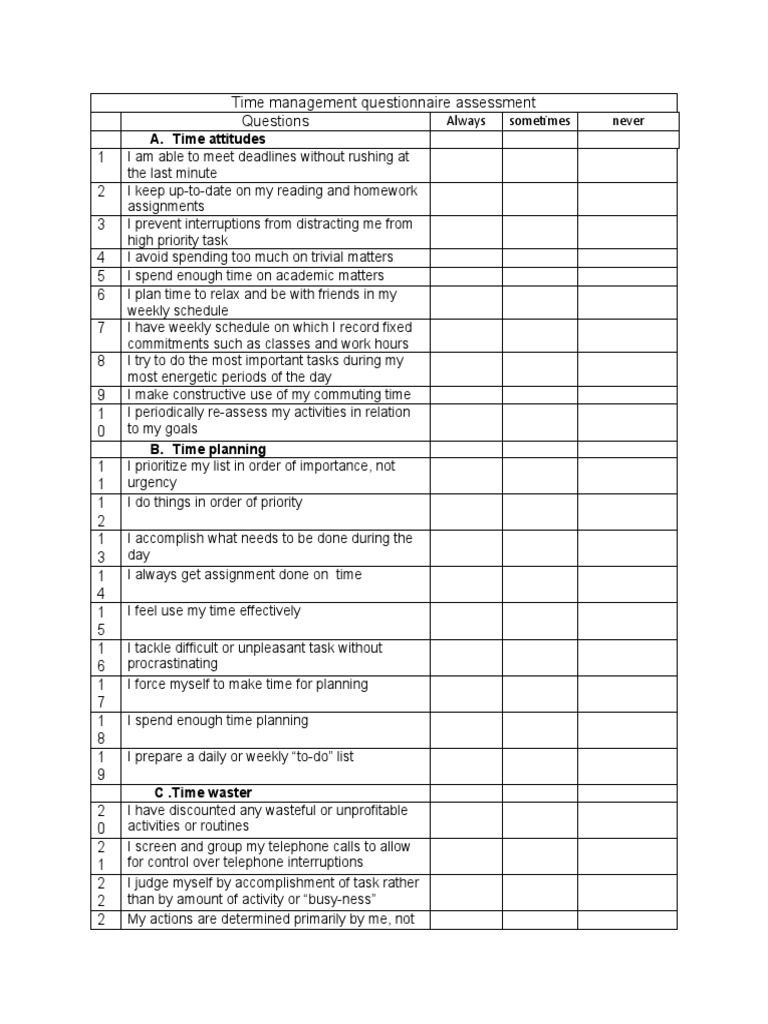 Time Management Questionnaire Tmq Pdf