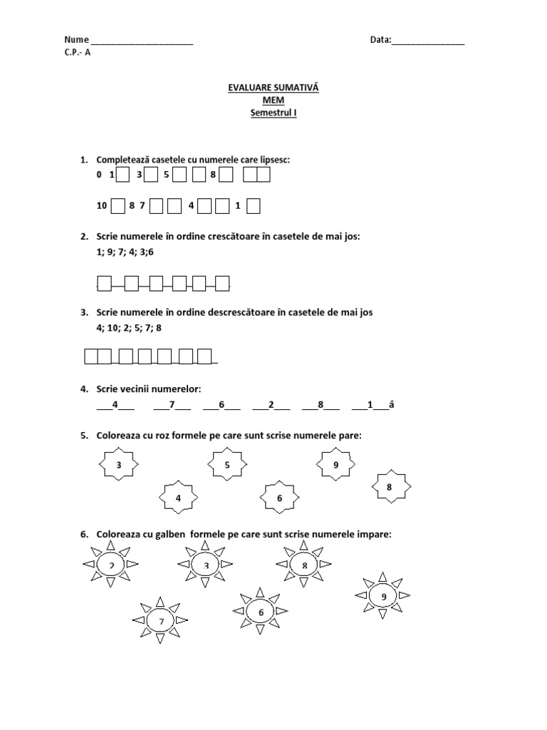 Test Evaluare Sumativa Mem Clasa Pregatitoare | PDF