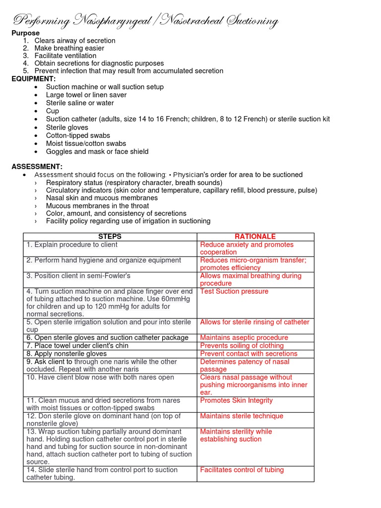Nasopharyngeal/Nasotracheal Suctioning Guide | PDF | Catheter ...