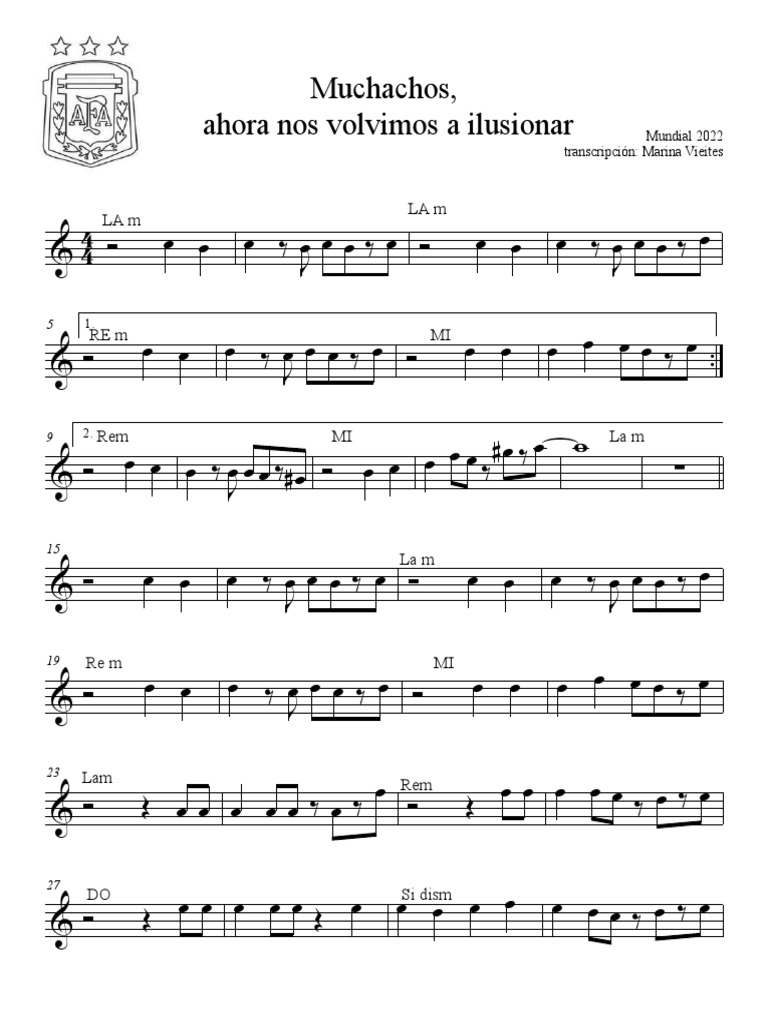 Muchachos, Ahora Nos Volvimos A Ilusionar - Partitura Fácil | PDF