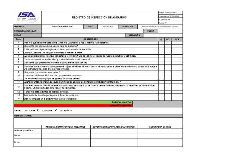 Isa-Hse-R-027 - Inspección de Andamios | PDF | Andamio