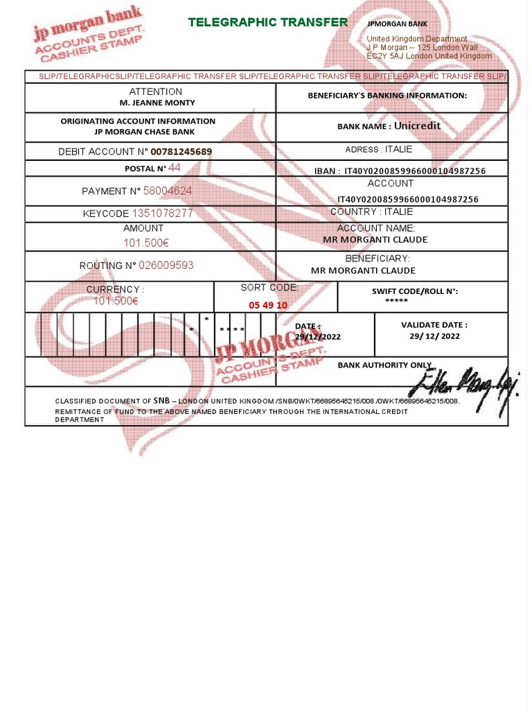 Chase Bank Telegraphic Transfer Slip | PDF