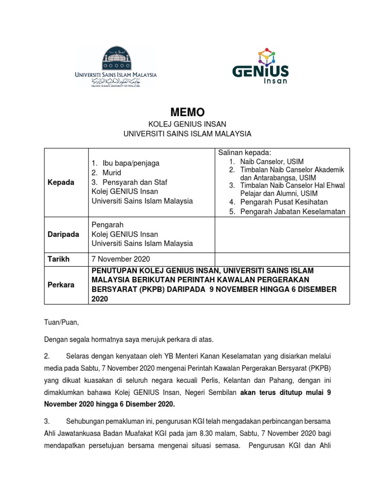 MEMO PENUTUPAN KGI PKPB 9 NOVEMBER HINGGA 6 DISEMBER 11pm | PDF