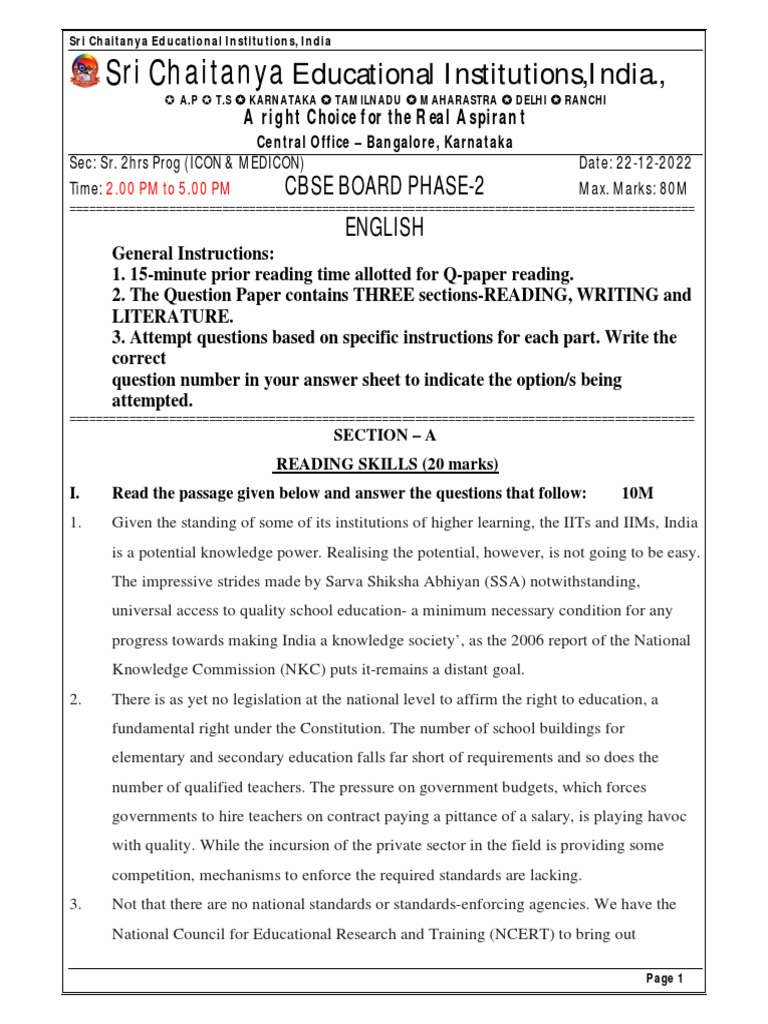 Sri Chaitanya Educational Institutions India Exam Focuses On English