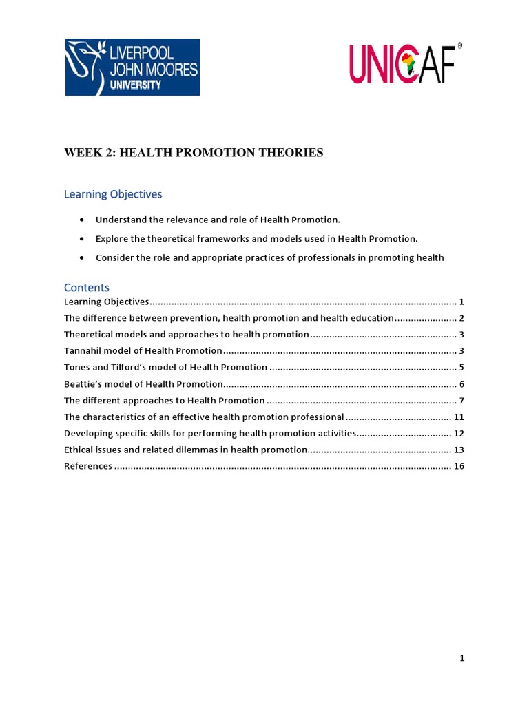 Week 2 Health Promotion Theories R Pdf Empowerment Preventive