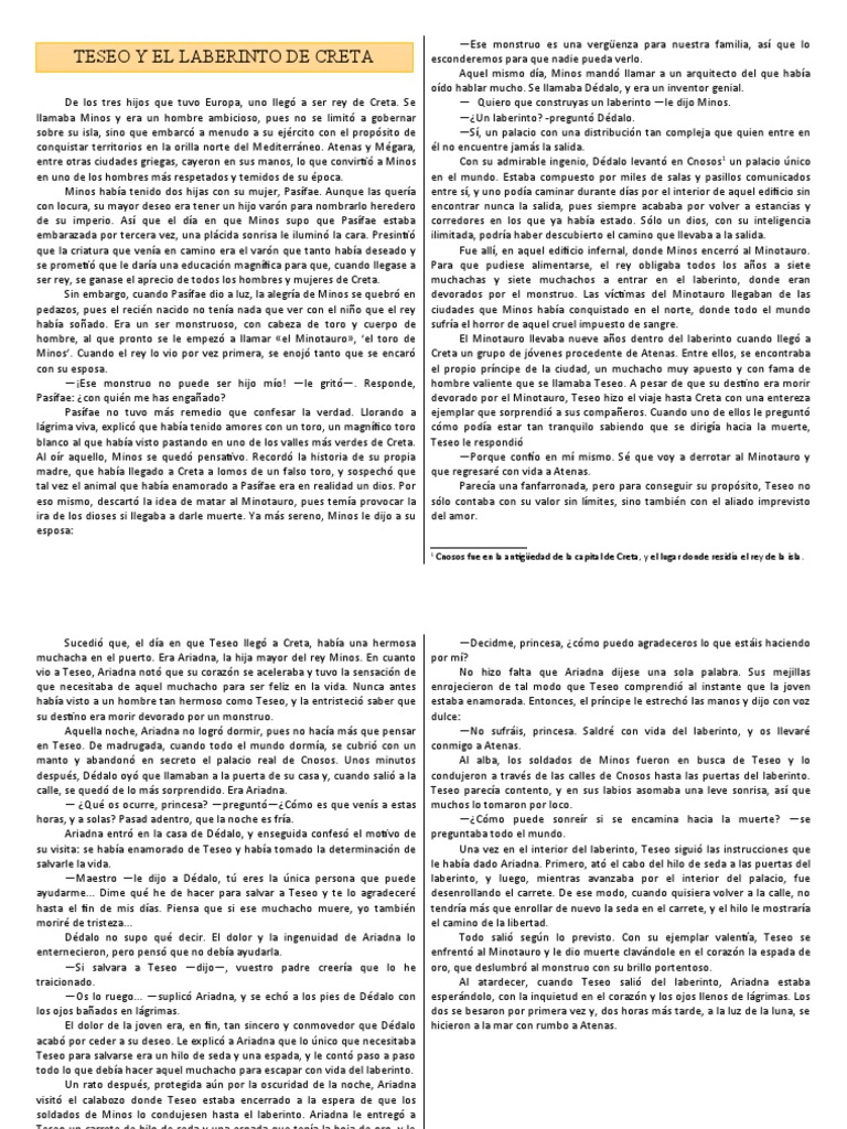 Teseo y el Minotauro: Mito Resumido | PDF | Minotauro | Teseo
