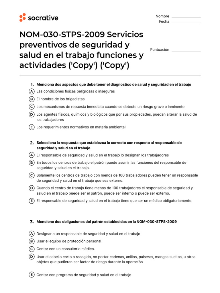 Quiz nom 030 stps 2009servicios preventivos de seguridad y salud en
