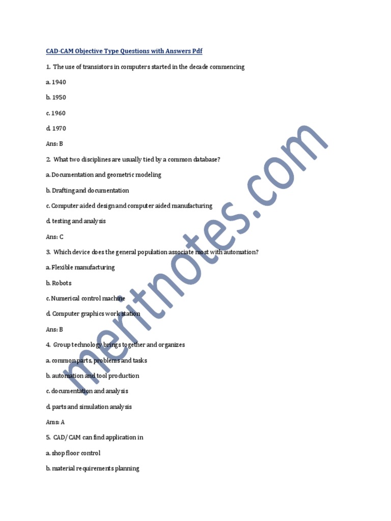 Cad Cam Objective Questions Answers PDF