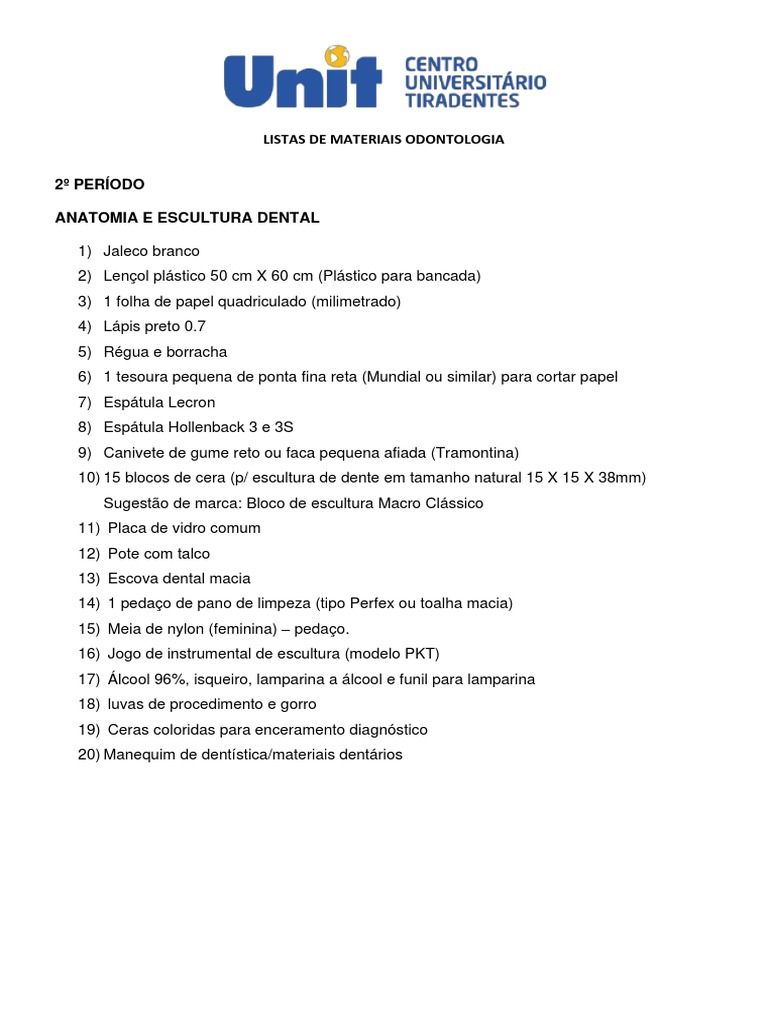 Listas de Materiais Odontologia 2022.1__ | PDF | Odontologia