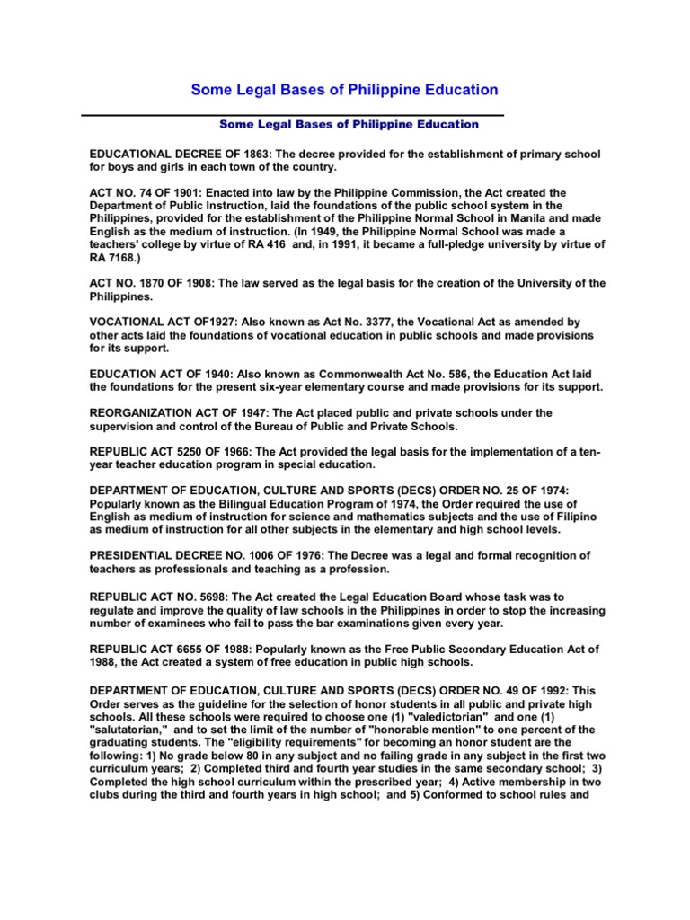 Some Legal Bases of Philippine Education | PDF