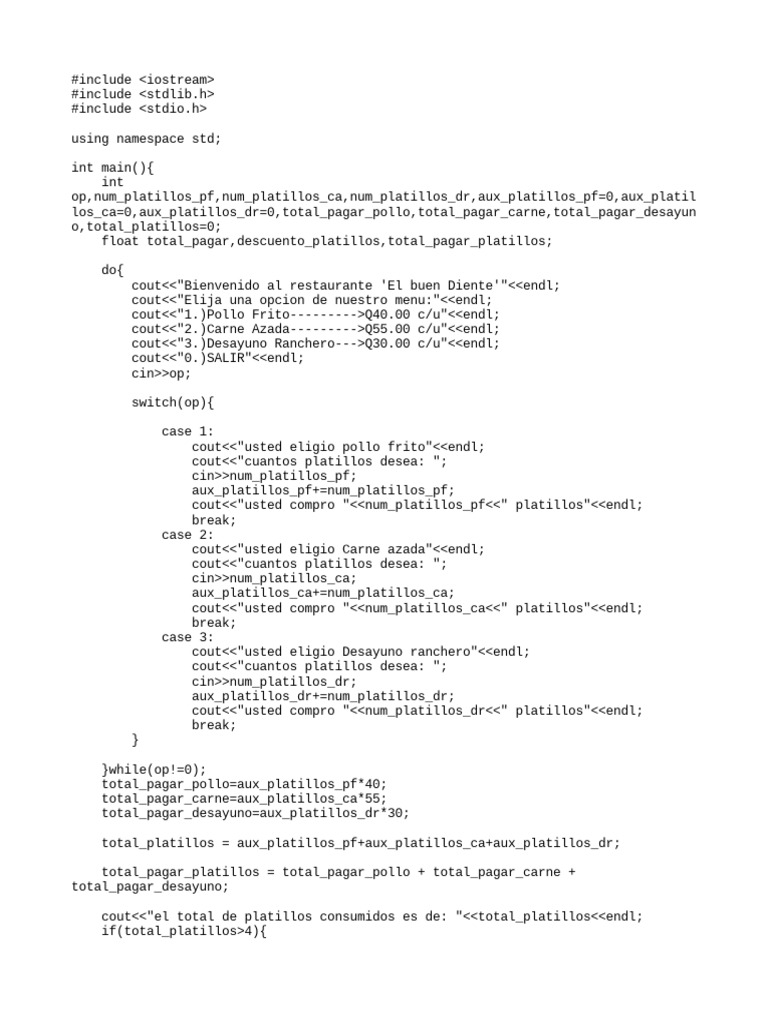 Menú de Restaurante en C++ | PDF | C ++ | Notación