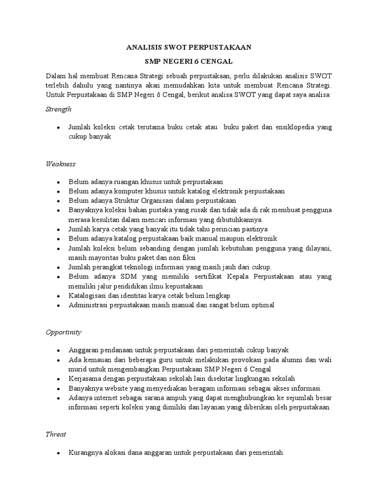 Analisis SWOT Perpustakaan SMP 6 Cengal | PDF | Komputer