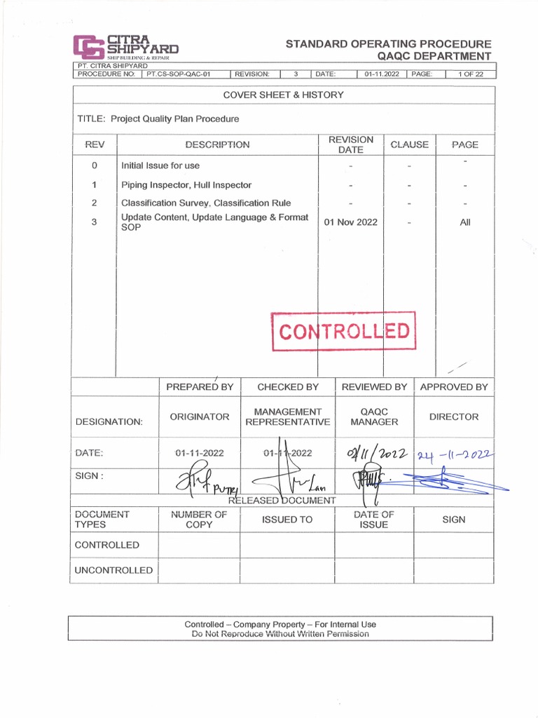 PT CS-SOP-QAC-01 Rev. 3 Project Quality Plan Procedure | PDF