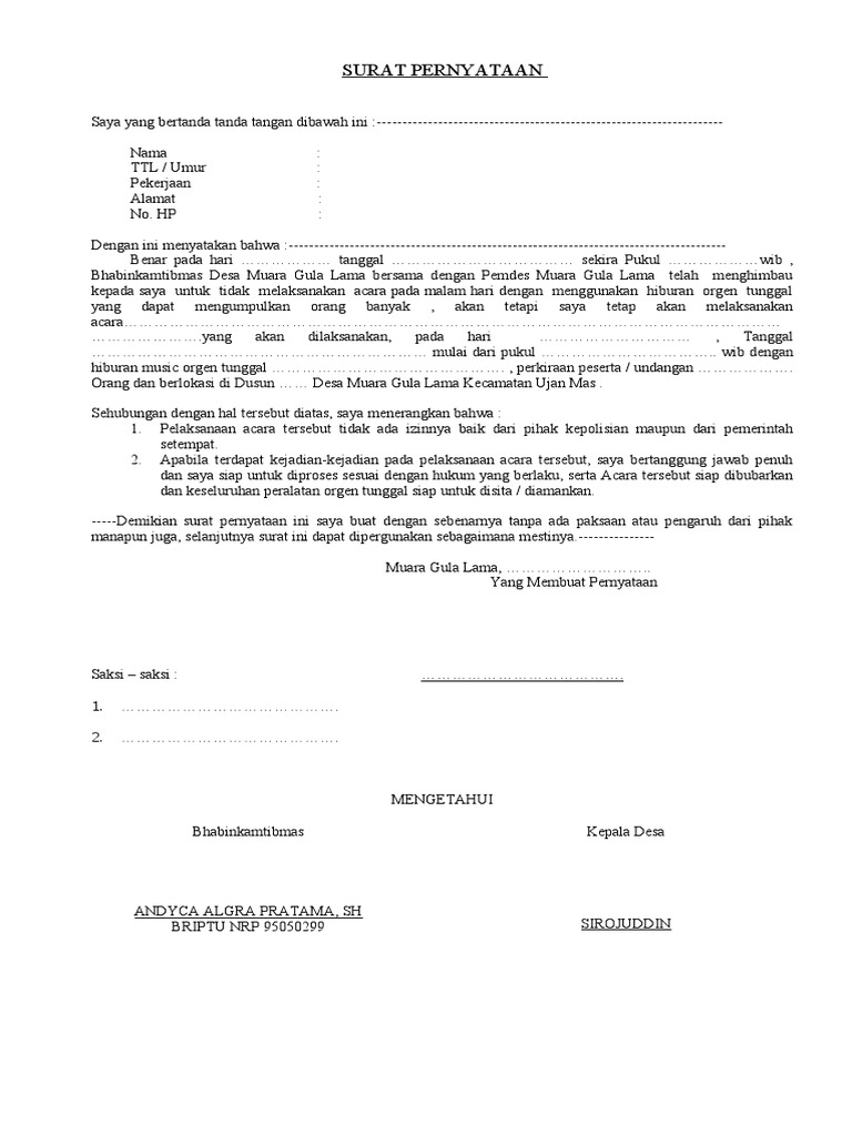 Surat pernyataan larangan orgen pdf