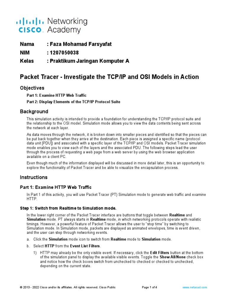 TCP/IP and OSI Models in Packet Tracer | PDF | Osi Model | Internet ...