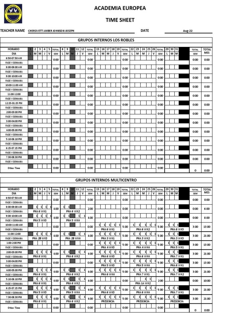 Time Sheet Form August 2022 PDF