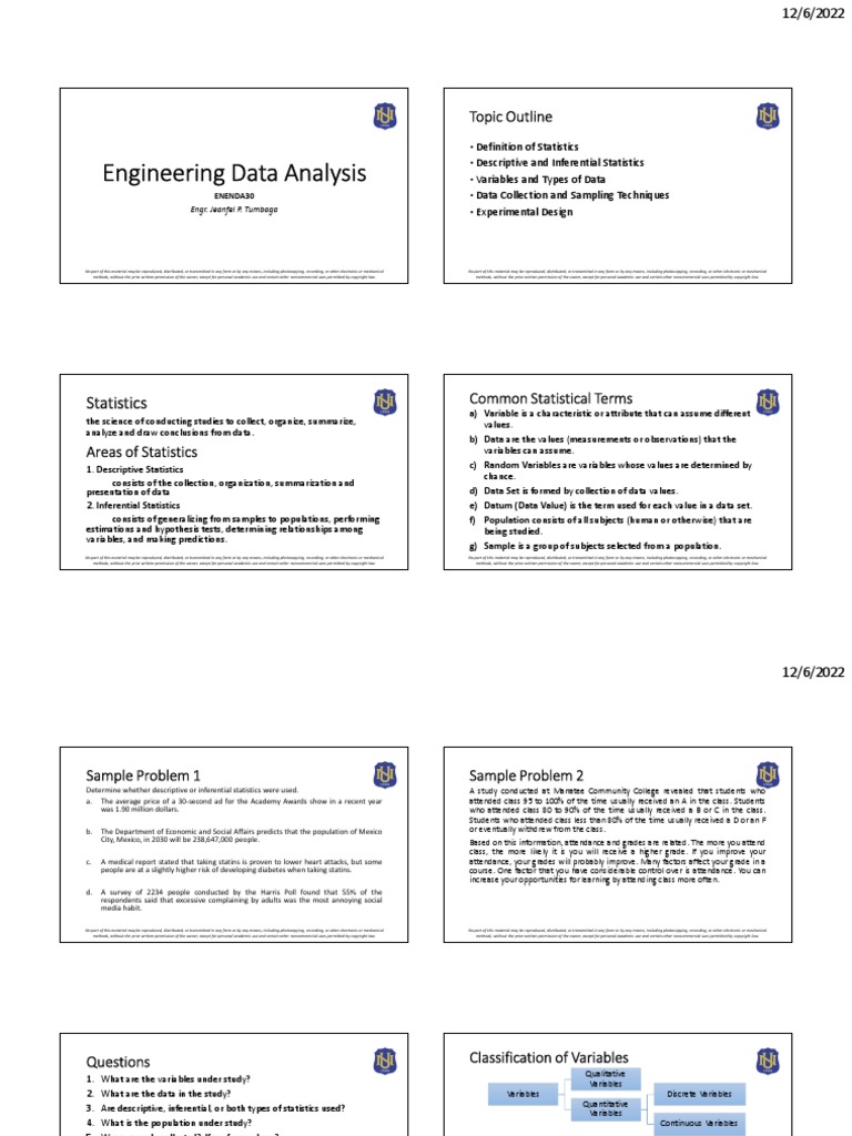 Introduction To Engineering Data Analysis | PDF | Statistics | Sampling ...