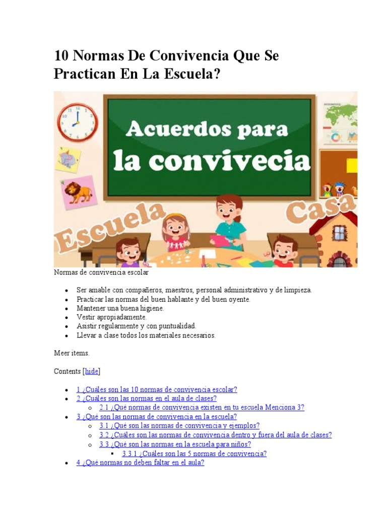 10 Normas de Convivencia Escolar | PDF | Método de enseñanza | Salón de ...