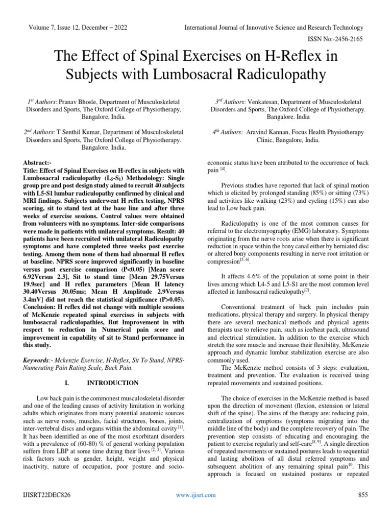 The Effect of Spinal Exercises On HReflex in Subjects With Lumbosacral