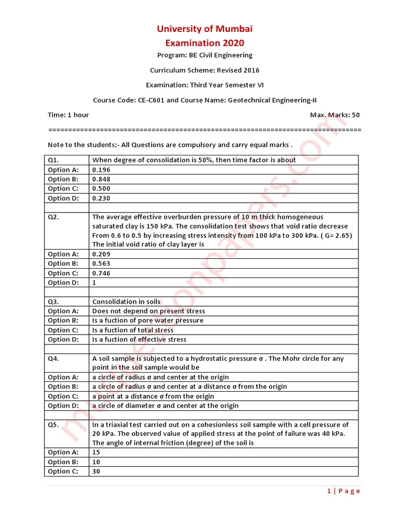 Geotechnical Engineering Exam Questions | PDF | Deep Foundation | Soil