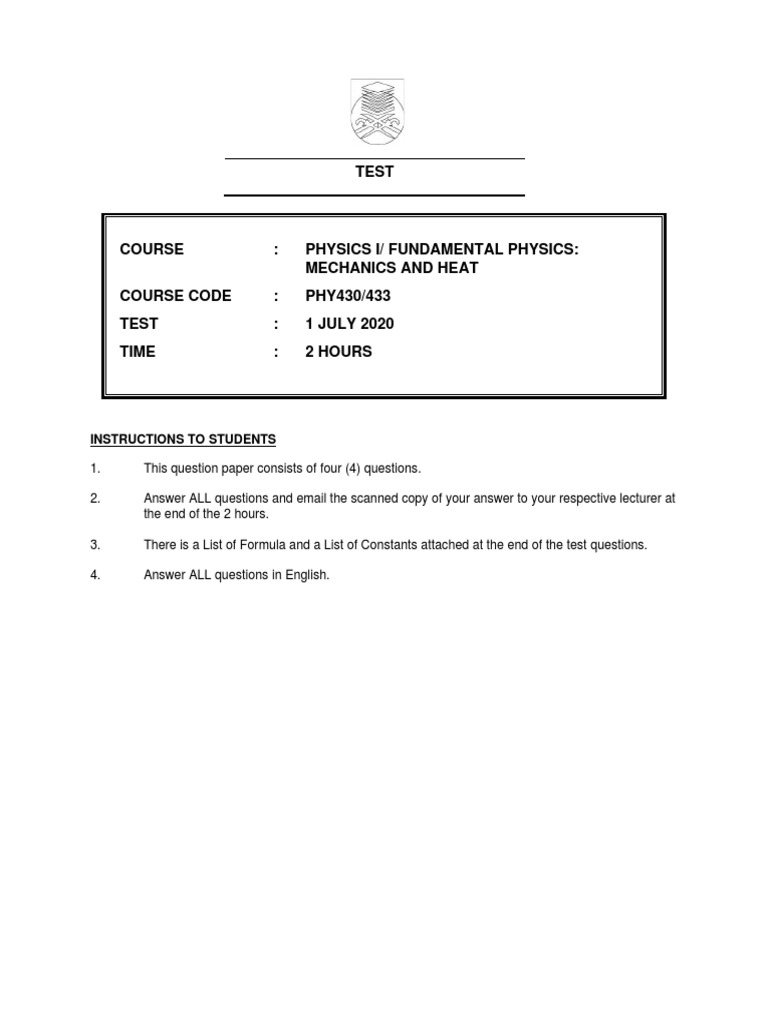 PHY430 - 433 - Test - 1 July 2020 | PDF | Force | Rotation Around A ...