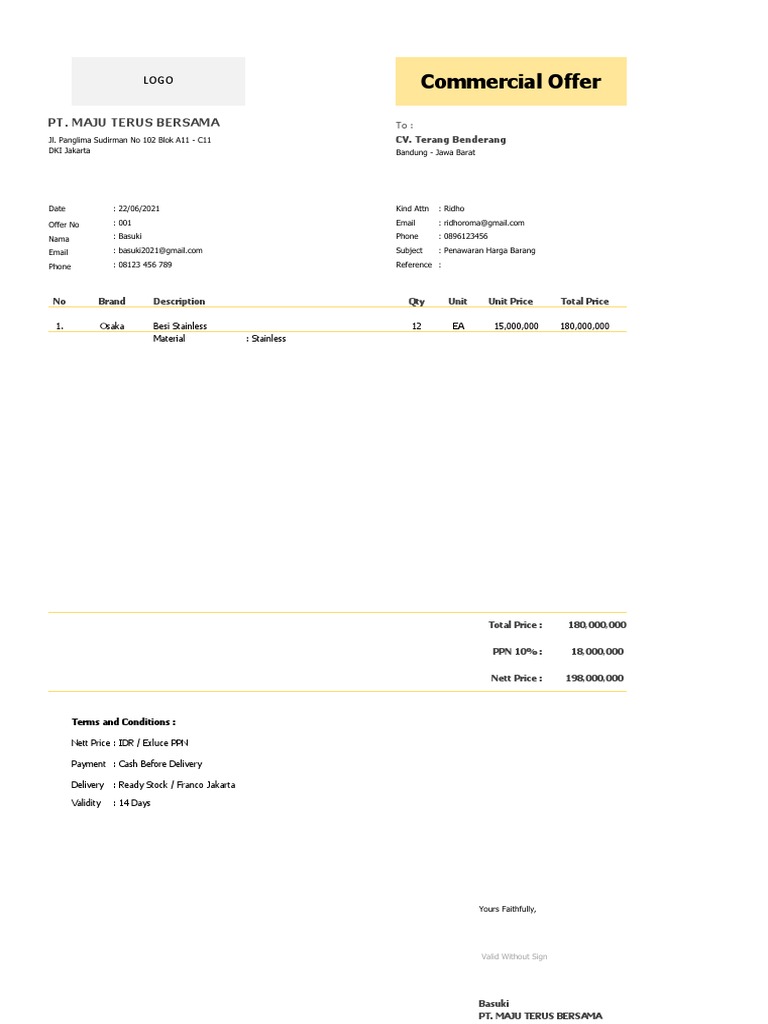 Contoh Penawaran Harga Excel PDF